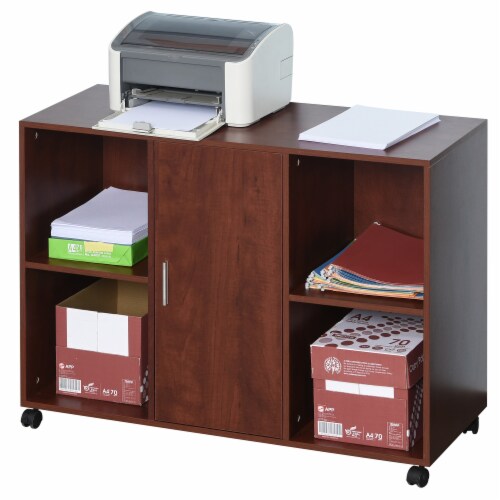 Wheeled Office/Home Printer Stand & Cabinet w/ 2 Variable Shelves Brown Perspective: back
