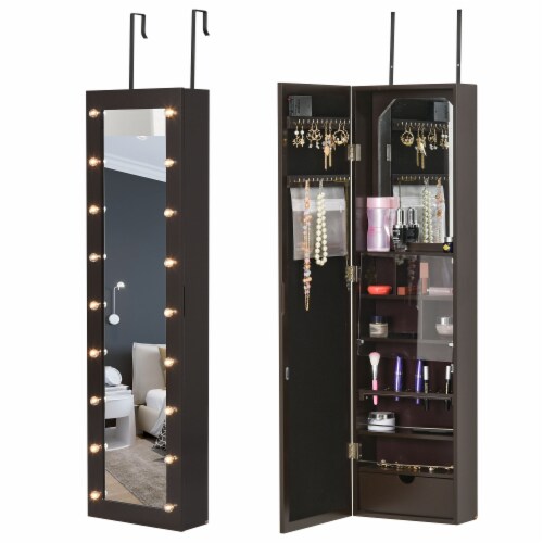 Mirrored Jewelry Cabinet Armoire Storage Organizer w/ 18 LED Lights Walnut Perspective: back