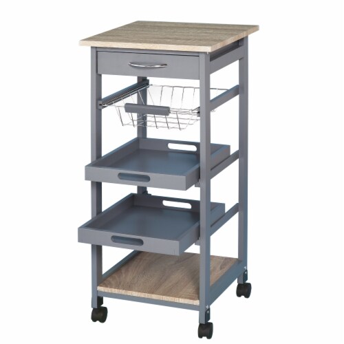 Indoor Moving Microwave Cart w Slide Out Wire Storage Basket