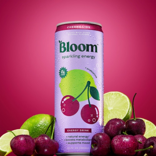 Bloom Cherry Lime + Prebiotics Sparkling Energy Drink Can Perspective: back