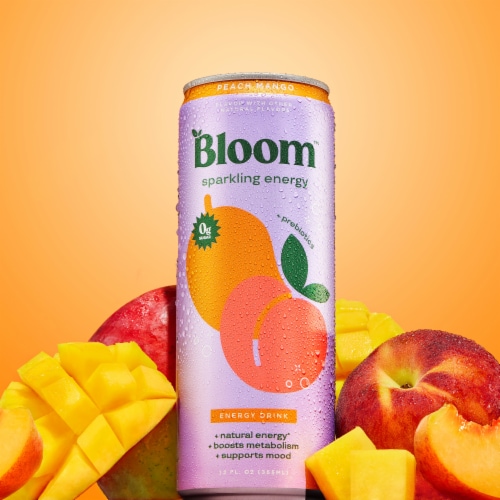 Bloom Peach Mango + Prebiotics Sparkling Energy Drink Can Perspective: back