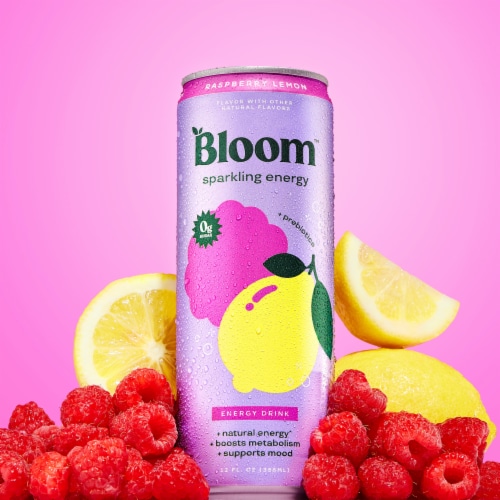 Bloom Raspberry Lemon + Prebiotics Sparkling Energy Drink Can Perspective: back