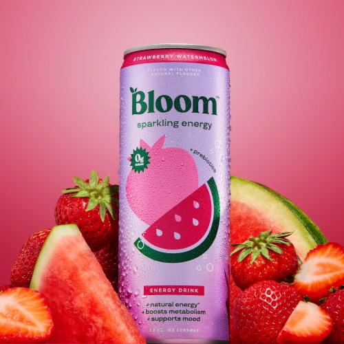 Bloom Strawberry Watermelon + Prebiotics Sparkling Energy Drink Can Perspective: back