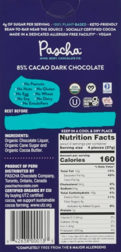 Pascha™ Organic 85% Cacao Dark Chocolate Bar Perspective: back
