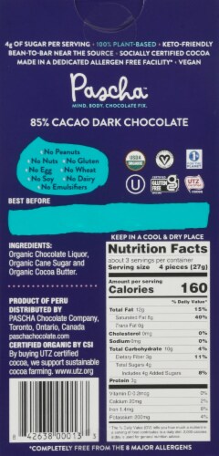Pascha™ Organic 85% Cacao Dark Chocolate Bar Perspective: back