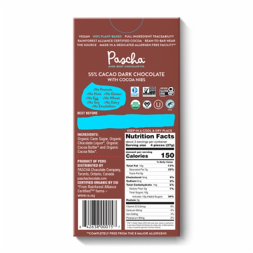 Pascha Organic Vegan Dark Chocolate 55% Cacao & Cocoa Nibs Perspective: back