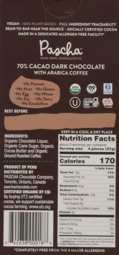 Pascha Organic 70% Cacao Dark Chocolate Bar Perspective: back