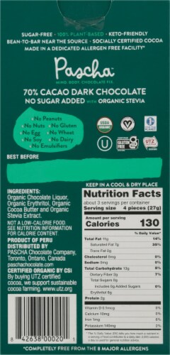 Pascha Organic Bar Zero 70% Cacao Dark Chocolate Bar Perspective: back