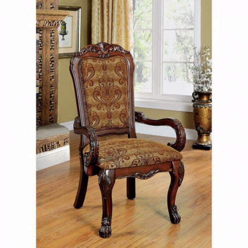Traditional Fabric Upholstered Arm Chair with Carving, Set of 2, Brown Perspective: back