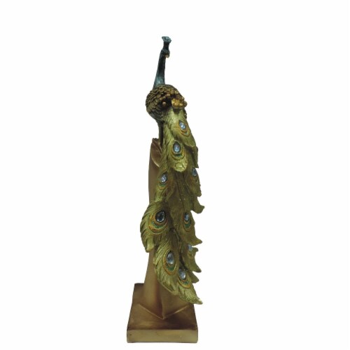 Benzara Polystone Decorative Peacock Figurine - Green/Gold Perspective: back