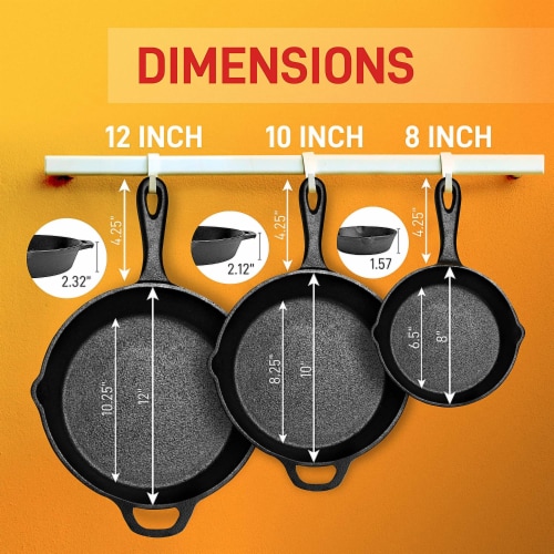 Pre-Seasoned Cast Iron Skillet 3-Piece Set (8-Inch, 10-Inch and 12