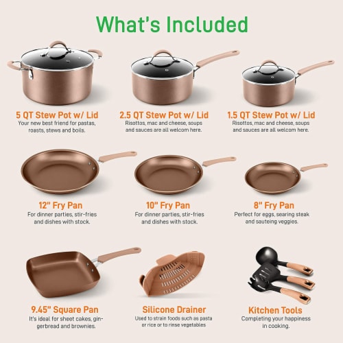 NutriChef Nonstick Cooking Kitchen Cookware Pots and Pans, 20 Piece Set, Bronze Perspective: back