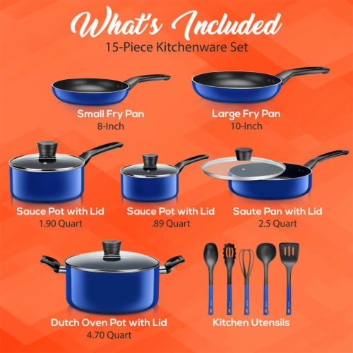 SereneLife 15 Piece Pots and Pans Non Stick Chef Kitchenware Cookware Set,  Blue, 1 Piece - Baker's