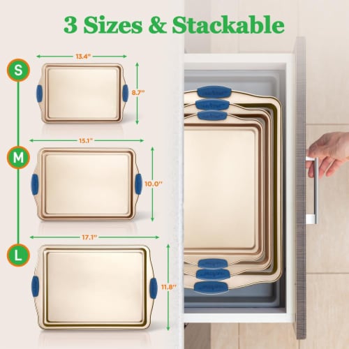 Nutrichef Kitchen Oven Baking Pans 3 Pc - Gold / Blue Perspective: back