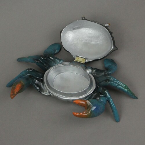 Hand Painted Metal Blue Crab Trinket Box With Hinged Lid 9.5 Inches Long Perspective: back