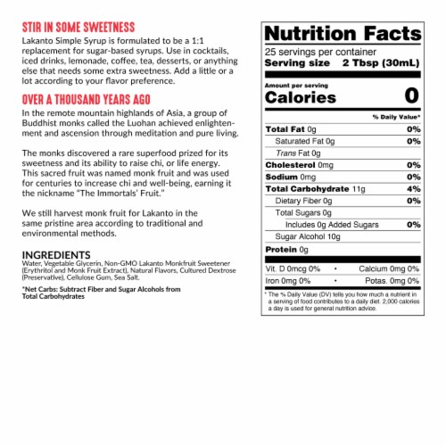 Lakanto Sugar Free Simple Flavoring Syrup - Sweetened with Monk Fruit (Original - 25.4 Fl Oz) Perspective: back
