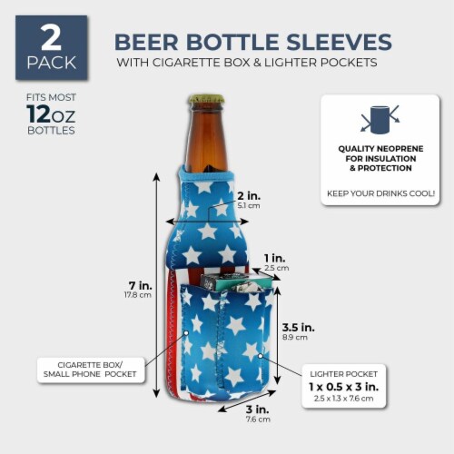 2x US American Flag Beer Bottle Cooler Sleeves with Cigarette+Lighter Holder Perspective: back