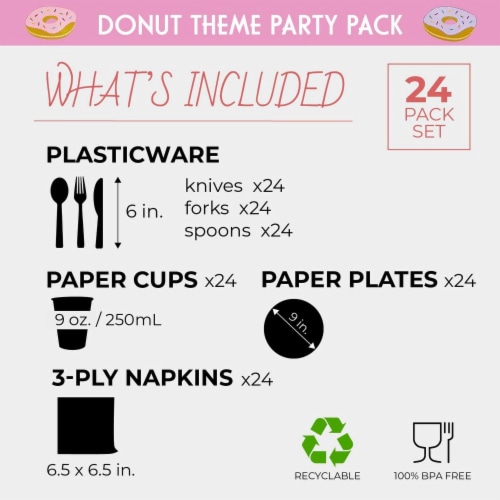 Donut Party Supplies, Paper Plates, Napkins, Cups and Plastic Cutlery (Serves 24, 144 Pieces) Perspective: back