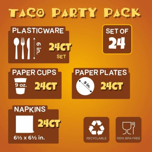 Taco Party Bundle, Includes Plates, Napkins, Cups, and Cutlery (24 Guests,144 Pieces) Perspective: back