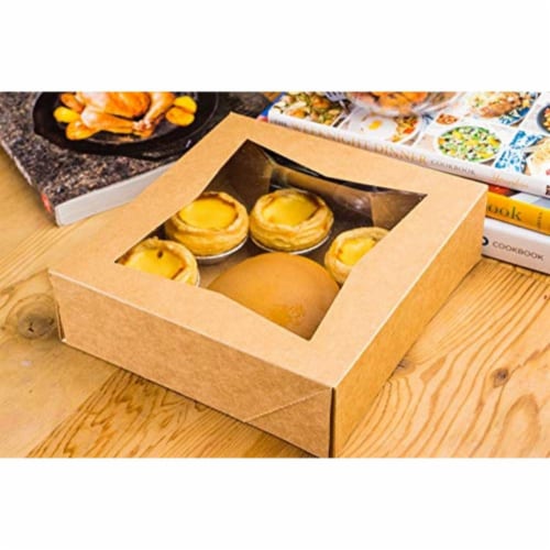 10 Brown Kraft Paperboard Pop-Up Window Box, Pastry  Cake Bakery, 8"x8"x2.5" Perspective: back