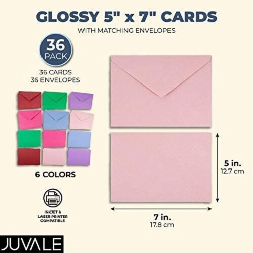 Plain Cards and Matching Color Envelopes for DIY Cards (6 Colors, 5 x 7