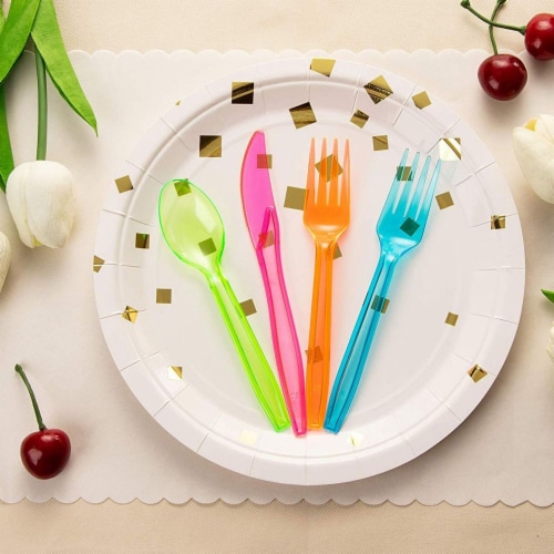 Plastic Silverware Set - 216-Piece Neon Cutlery in Green, Blue, and Pink Perspective: back