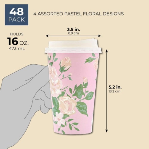48 Pack Vintage Floral Paper Insulated Coffee Cups with Lids, 4 Designs, 16 Ounces Perspective: back