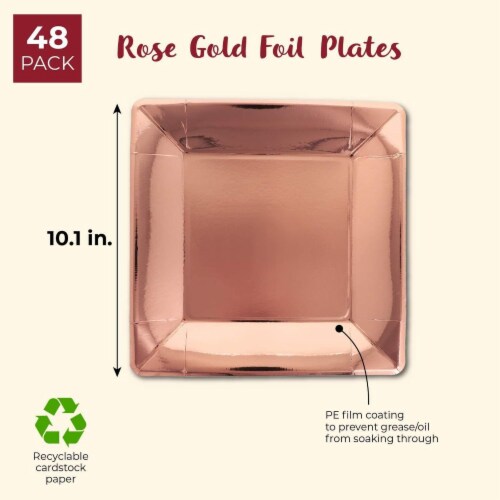 Square Rose Gold Foil Paper Party Plates for Lunch and Dinner (10 In, 48 Pack) Perspective: back
