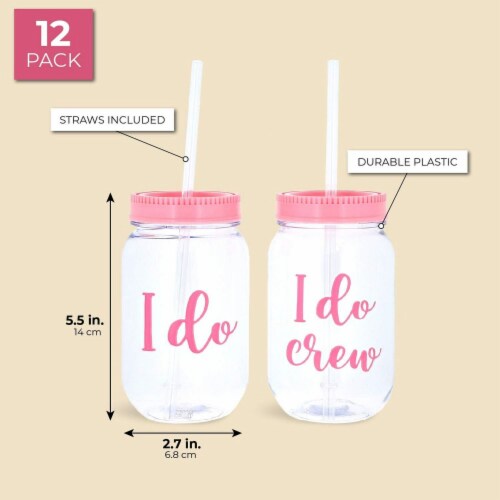 I Do Crew Plastic Mason Jars for Bachelorette Party, Bridal Shower (12 Pack) Perspective: back