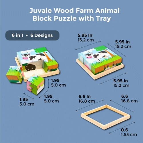 Wood Farm Animal Block Puzzles with Tray for Toddlers Kids (6 in 1), 6 Designs Perspective: back