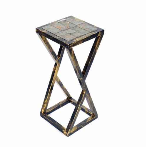 ORE International19.5 Tall Grey Stone Slab Black and Gold Plant StandMetal Perspective: back