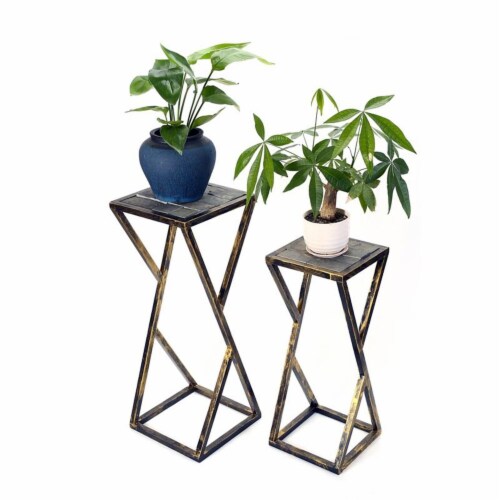 31.2 and 25.25 Tall Grey Stone Slab Black and Gold Plant StandMetal Perspective: back
