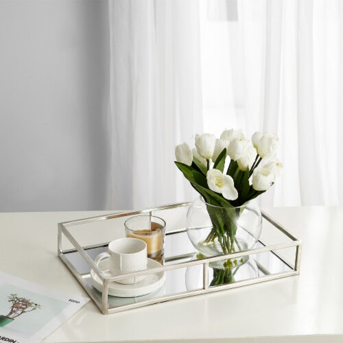 Egnazia Silver Metal Mirror Tray Medium Long Rectangle Open