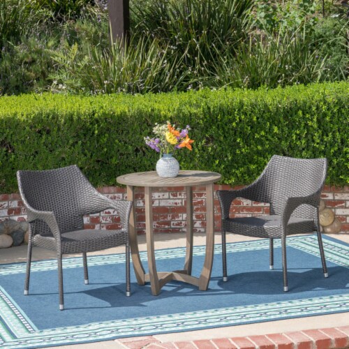 Mann Outdoor 3 Piece Wood and Wicker Bistro Set, Gray and Gray Perspective: back