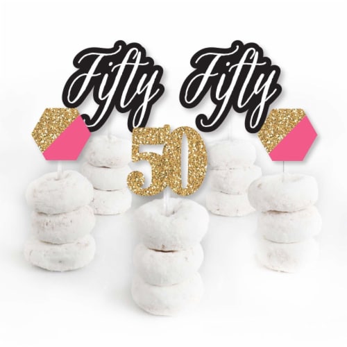 Big Dot of Happiness Chic 50th Birthday - Pink Black & Gold Cupcake Toppers Treat Picks 24 Ct Perspective: back
