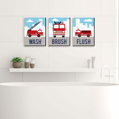 Big Dot of Happiness Fired Up Fire Truck Wall Art 7.5 x 10 in Set of 3 Wash Brush Flush Perspective: back