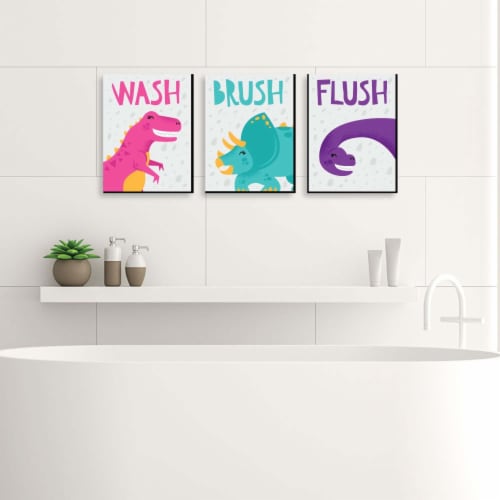 Big Dot of Happiness Roar Dinosaur Girl Wall Art 7.5 x 10 in Set of 3 Wash Brush Flush Perspective: back
