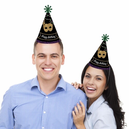 Big Dot of Happiness Mardi Gras - Cone Happy Birthday Party Hats - Set of 8 (Standard Size) Perspective: back