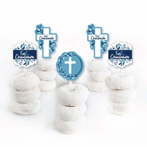 Big Dot of Happiness First Communion Blue Elegant Cross Cupcake Toppers Treat Picks 24 Ct Perspective: back