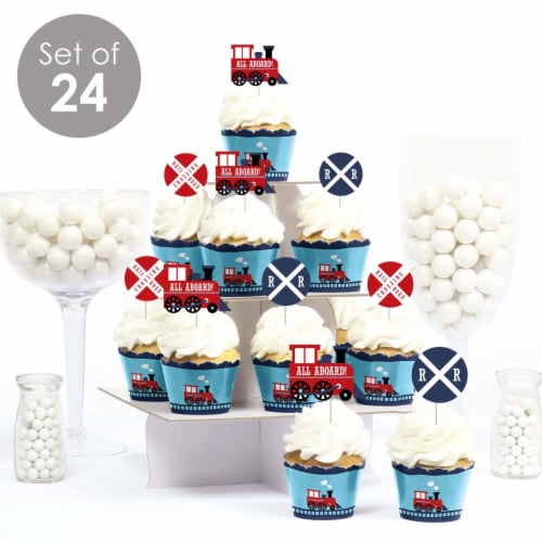 Big Dot of Happiness Railroad Party Crossing Decor Cupcake Wrappers & Treat Picks Kit 24 Ct Perspective: back