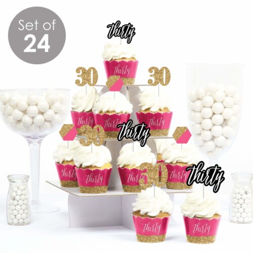 Big Dot of Happiness Chic 30th Birthday Pink & Gold Cupcake Wrappers & Treat Picks Kit 24 Ct Perspective: back