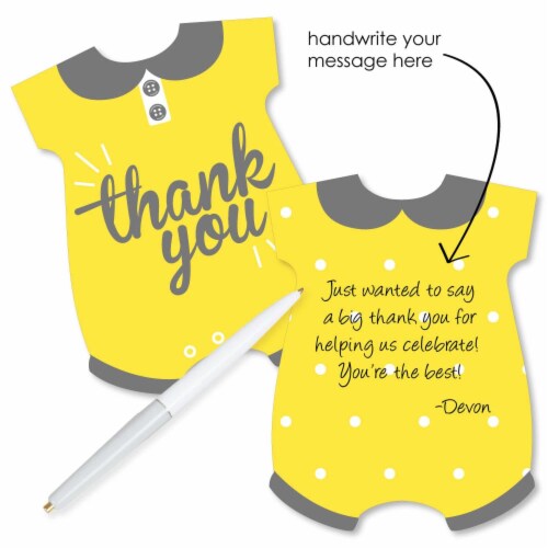 Big Dot of Happiness Hello Little One Yellow & Gray Shaped Thank You Cards & Envelopes 12 Ct Perspective: back