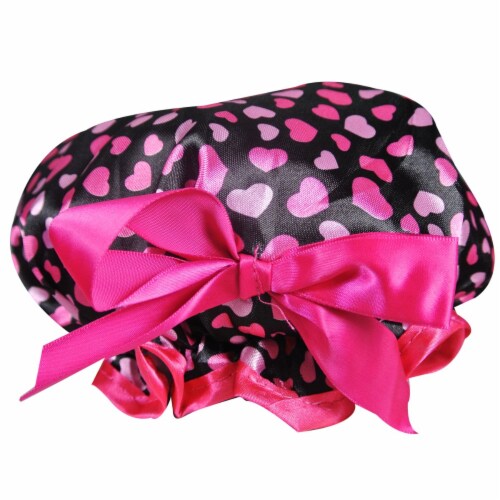 Kella Milla Stylish Satin Shower Cap, Hearts & Pink Bow Perspective: back