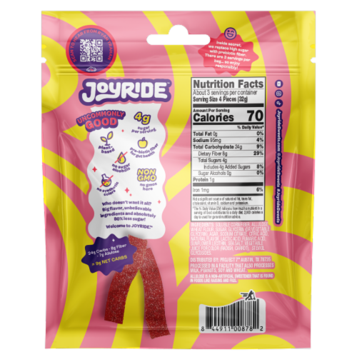 JOYRIDE™ Sour Pink Lemonade Sour Strips Plant-Based Candy Bag Perspective: back