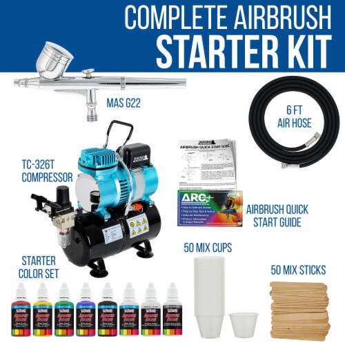 Dual Fan Air Tank Compressor System with Gravity Feed Airbrush, 6 Color Paint Set, Hose Perspective: back