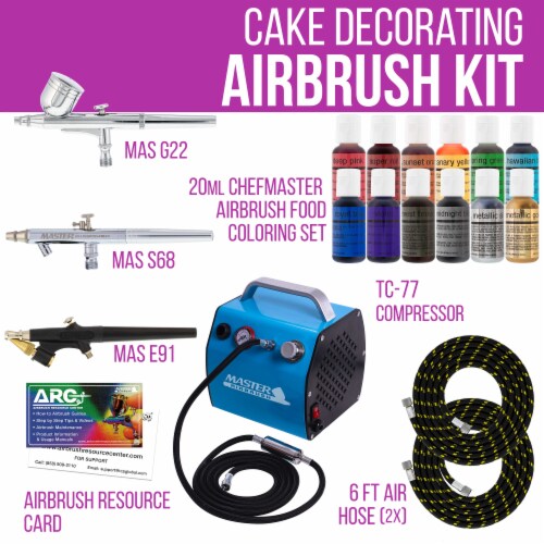 Cake Decorating G22, S68, E91 Airbrush Kit, Compressor, Hoses & 12 Food Coloring Set Perspective: back