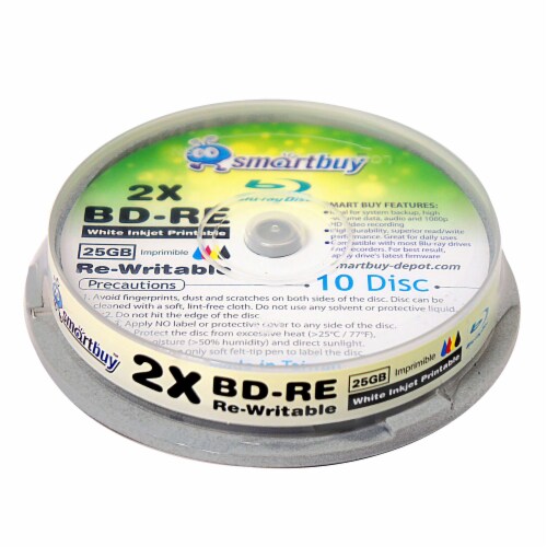 10 Pack Smartbuy 2X 25GB Blue Blu-ray BD-RE Rewritable White Inkjet Hub Printable Blank Disc Perspective: back