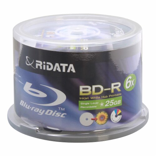 50 Pack Ridata 6X BD-R 25GB Single Layer Blue Blu-ray White Inkjet Hub Printable Blank Disc Perspective: back