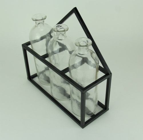 3 Piece Glass Jar Bud Vases in Wall Mounted Metal Tray Perspective: back