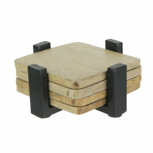 Set of 4 Wood Square Coasters Metal Holder Rustic Home Decor Drink